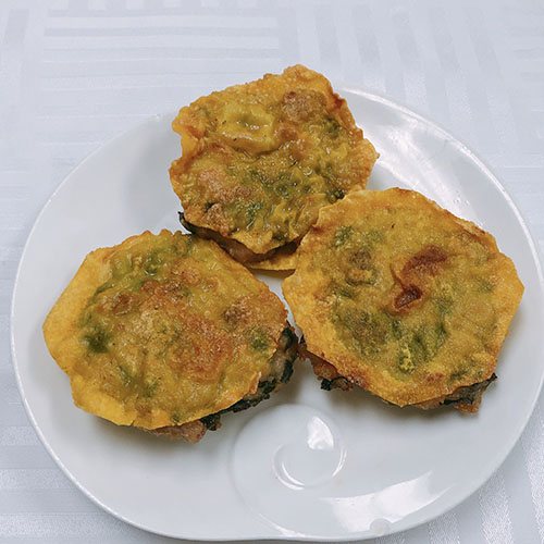 Galette de poireaux aux crevettes, dim sum frit