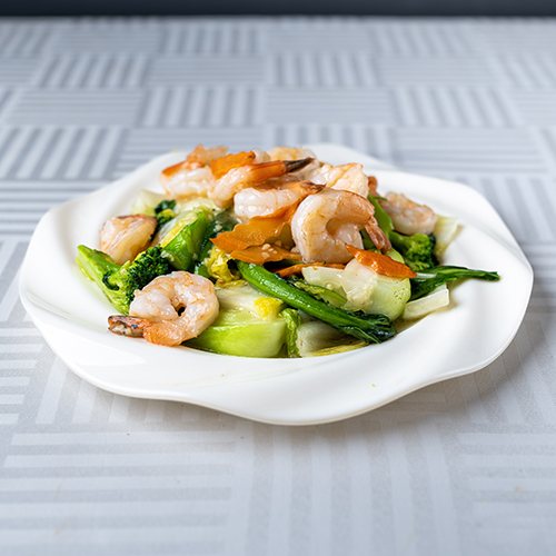 Crevettes aux légumes assortis, fruits de mer